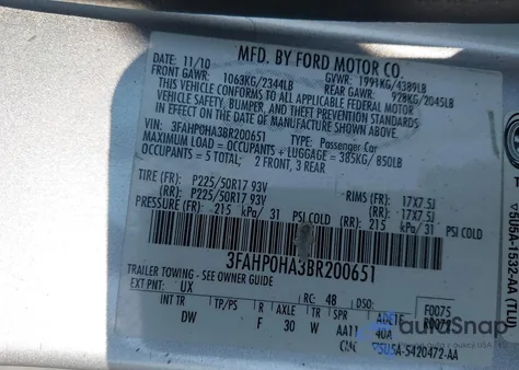 2011 Ford Fusion Se from USA, damaged, VIN 3FAHP0HA3BR200651